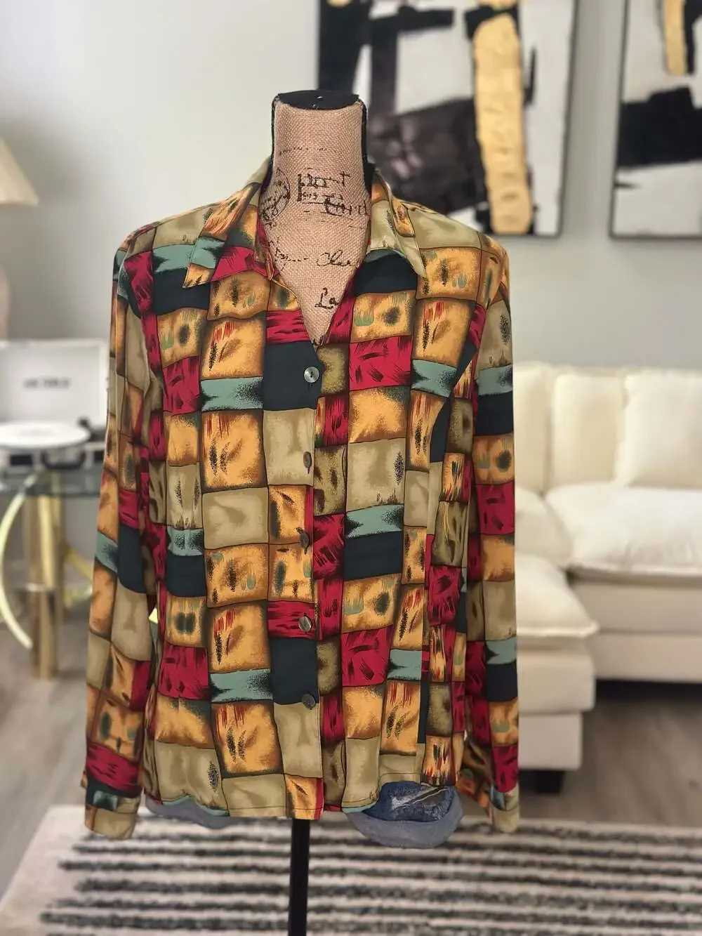 Vintage Cathy Che Abstract Geometric Block Art Print Button Up Size 14 - Picture 2 of 6